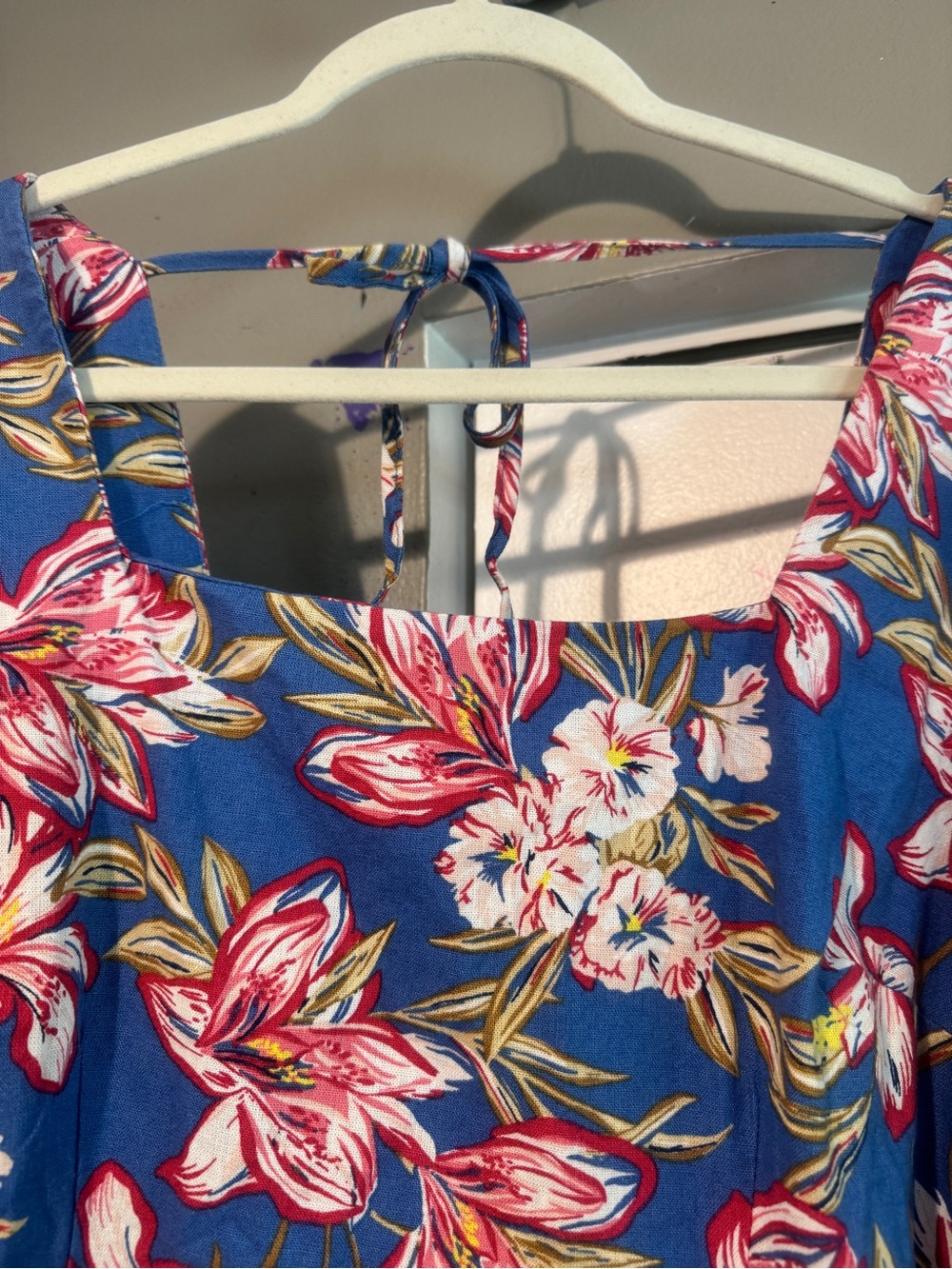 NWT A New Day L Blue Bold Floral Cotton Linen Puff Sleeve Mini Dress Pockets - Picture 6 of 10